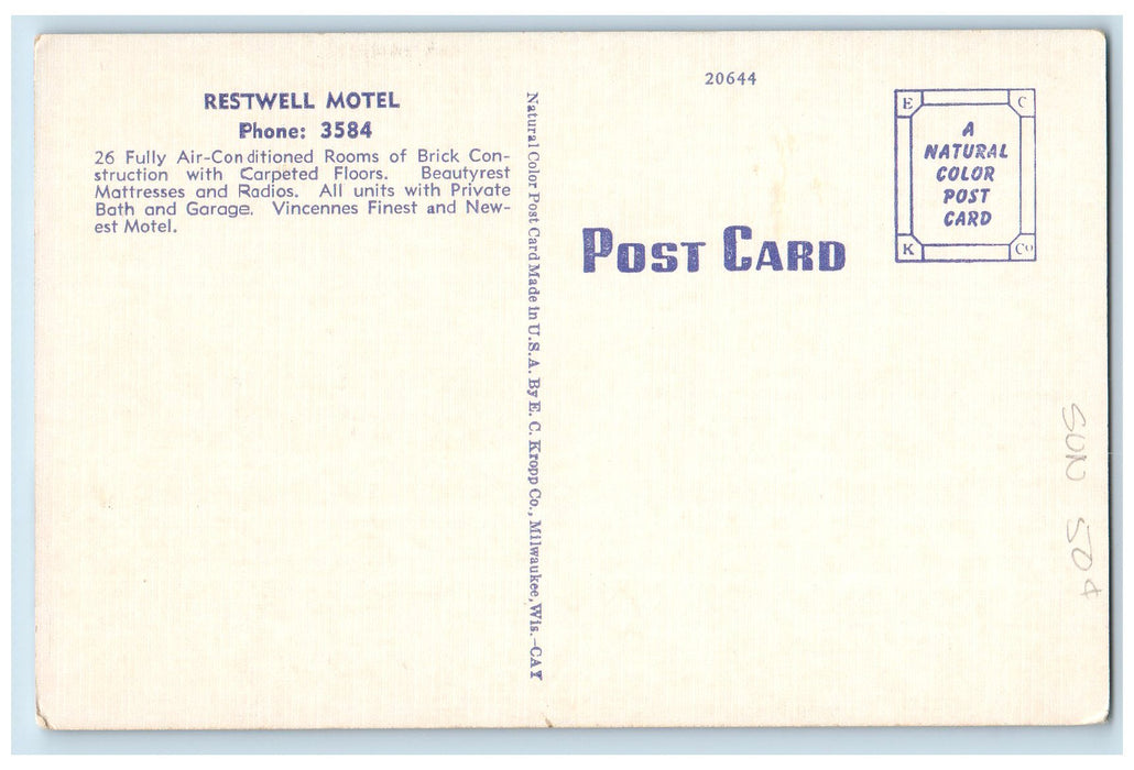 c1940 Restwell Motel South Of The City Restaurant Vincennes Indiana IN Postcard