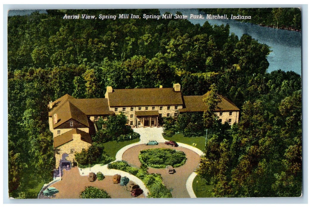 c1950's Aerial View Spring Mill Inn Restaurant State Park Mitchell IN Postcard