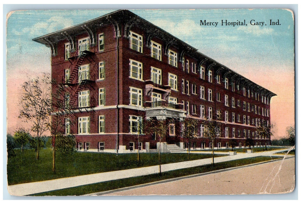 1915 Mercy Hospital Building Roadside Pathways Entrance Gary Indiana IN Postcard