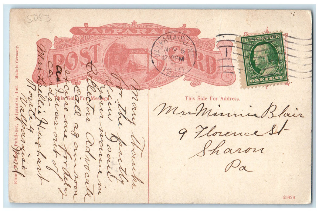 1910 Central Building Calumet Ave. & Franklin Valparaiso Indiana IN Postcard