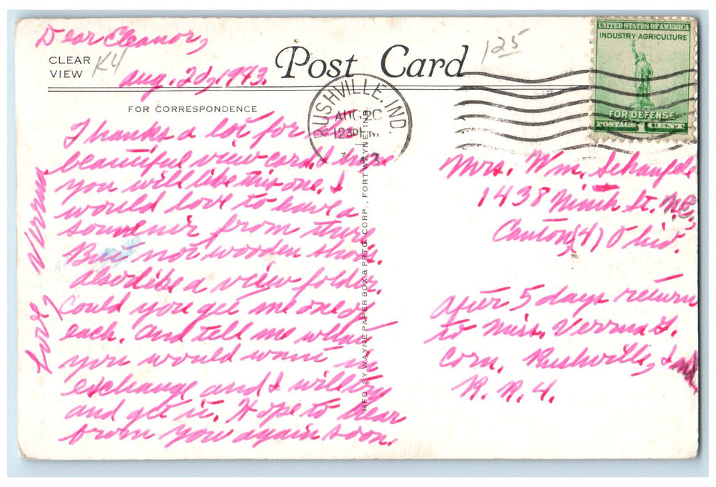 1943 US Post Office Building Smokestacks Roadside Rushville Indiana IN Postcard