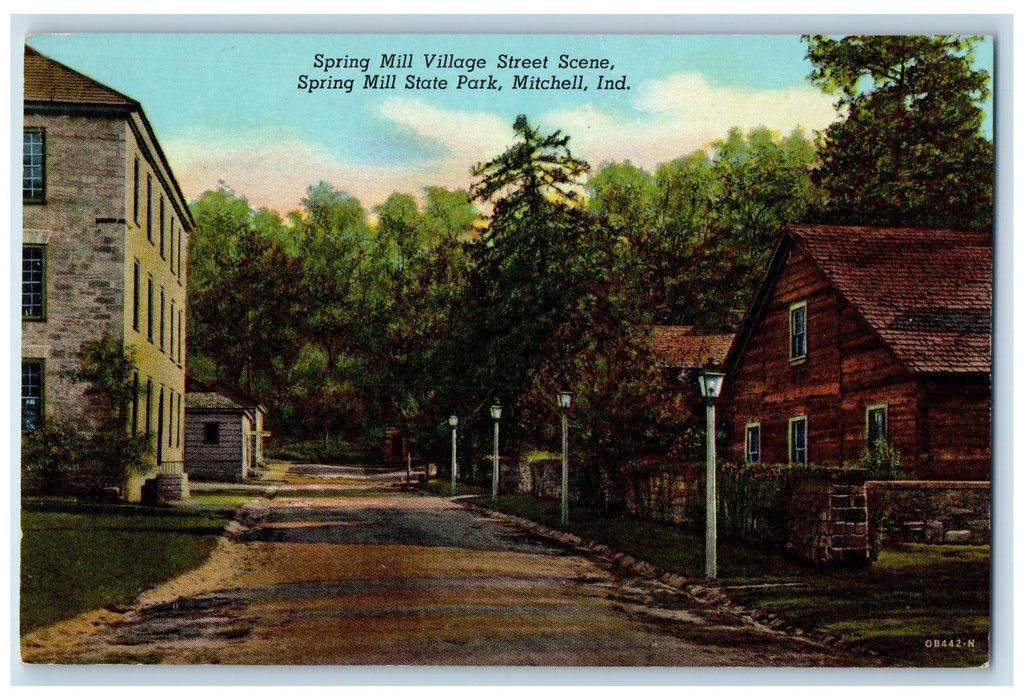 c1950's Spring Mill Village Street Scene State Park Mitchell Indiana IN Postcard