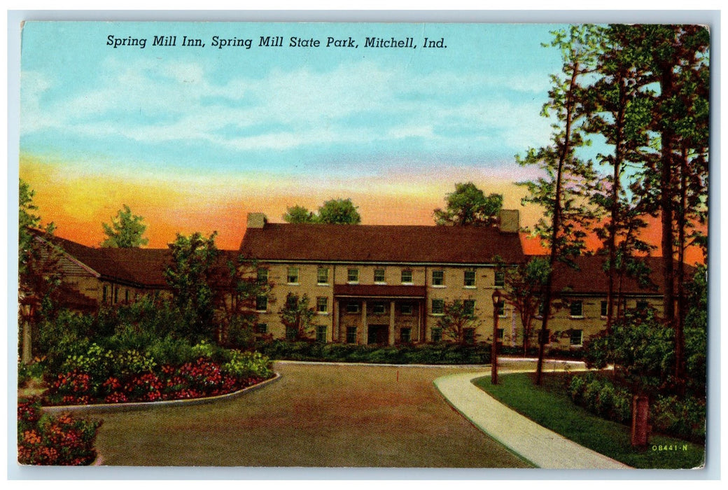 c1950 Spring Mill Inn State Park Restaurant Building Flower Mitchell IN Postcard