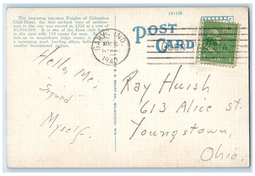 c1940's On Fifth Avenue Knights Of Columbus Club Hotel Gary Indiana IN Postcard