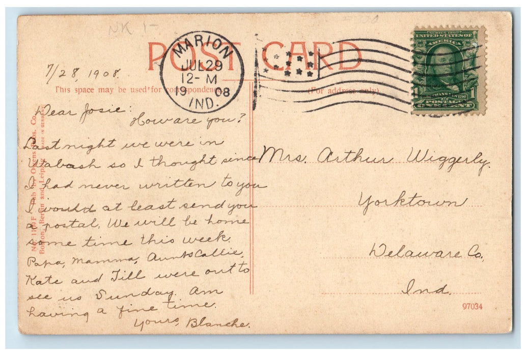 1908 East Carroll Street Bridge Reflection Lake Pond Wabash Indiana IN Postcard