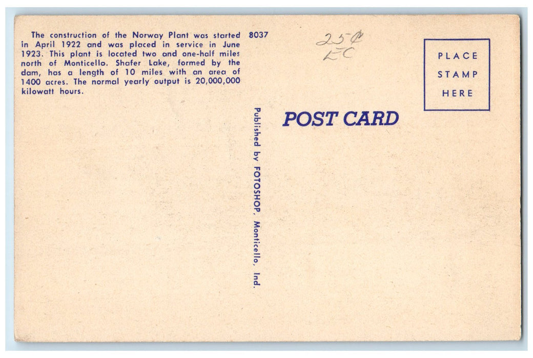 c1940's Norway Hydro Plant Power Source View Near Monticello Indiana IN Postcard