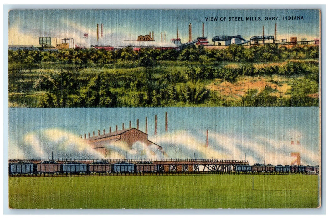 c1940's View Of Steel Mills Multiple View Smokestacks Gary Indiana IN Postcard