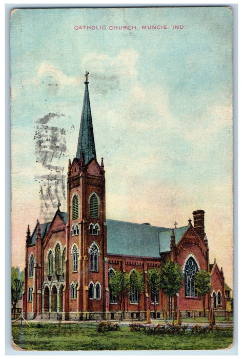 1909 Catholic Church Building Cross Tower View Muncie Indiana IN Posted Postcard