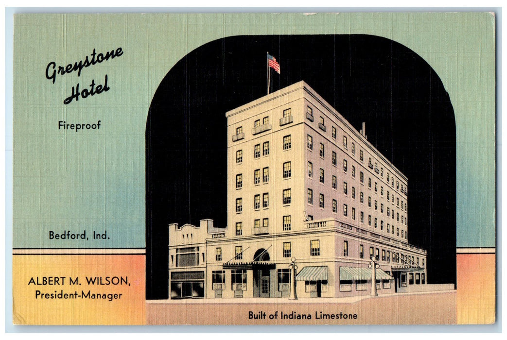 c1940 Greystone Hotel Fireproof Restaurant Building Bedford Indiana IN Postcard