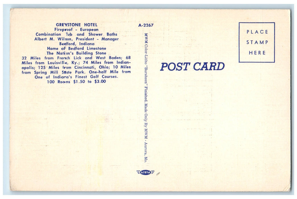 c1940 Greystone Hotel Fireproof Restaurant Building Bedford Indiana IN Postcard
