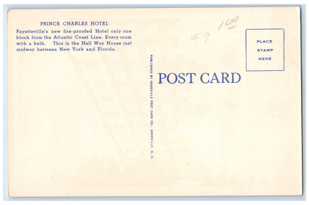c1920's The Prince Charles Hotel Building Restaurant Fayetteville NC Postcard