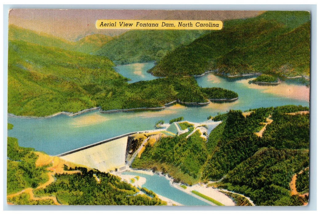 c1940 Aerial View Mountains Power Source Fontana Dam North Carolina NC Postcard