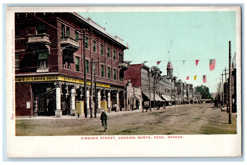 c1905 Virginia Street Riding Bicycle Dirt Road Building Reno Nevada NV Postcard