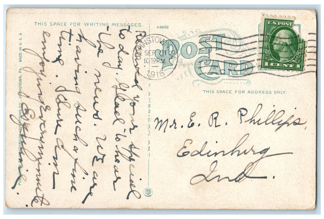 1916 Business Section & Main Street Johnstown Pennsylvania PA Posted Postcard