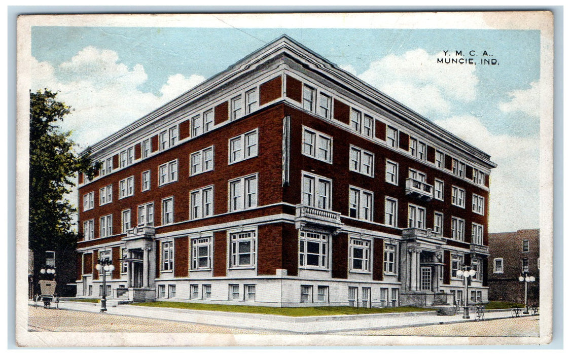 c1920 YMCA Building Corner Roadside Carriage Bicycle Muncie Indiana IN Postcard