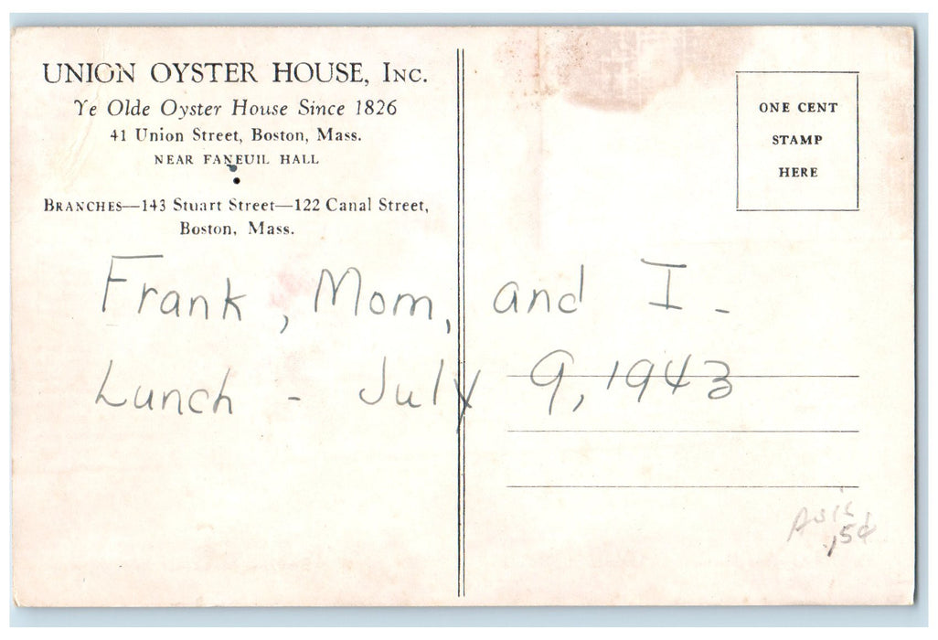 c1960s Ye Old Oyster House Union St. Boston Massachusetts MA Unposted Postcard