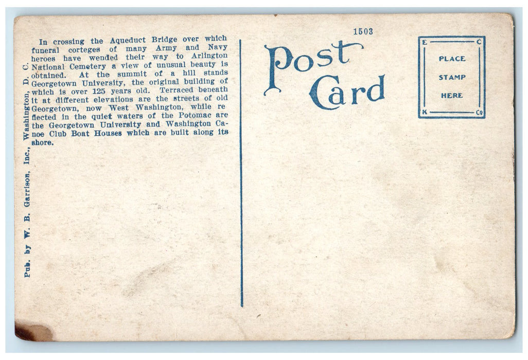 c1920s Georgetown University On Hill Top Aqueduct Bridge Washington DC Postcard