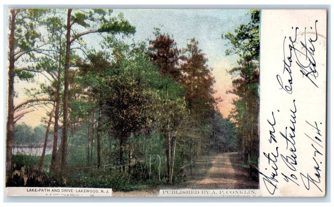 1904 Lake-Path And Drive Trees Scene Lakewood New Jersey NJ Posted Postcard