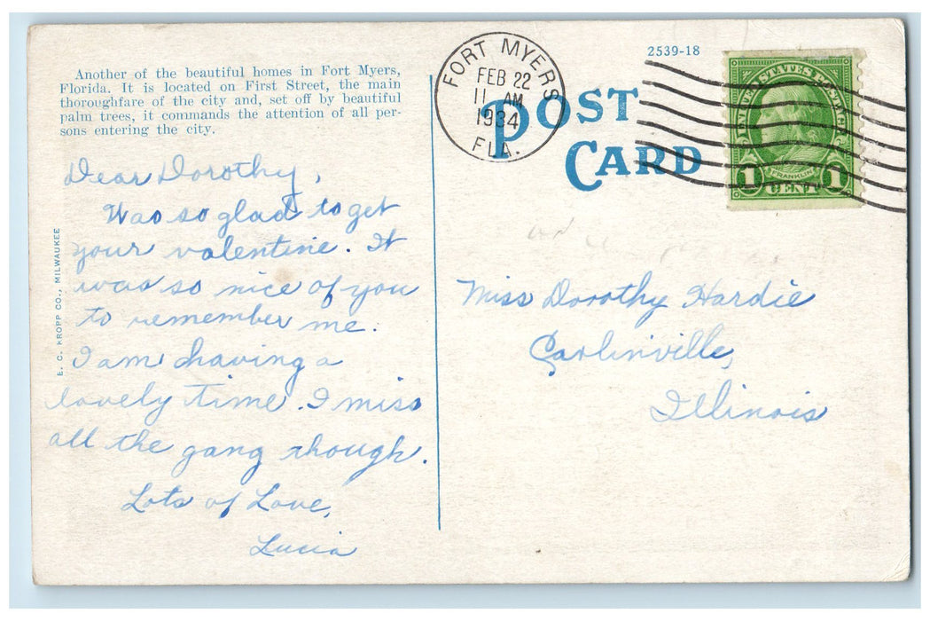 1934 A Palatial Fort Myers Home Exterior Fort Myers Florida FL Posted Postcard