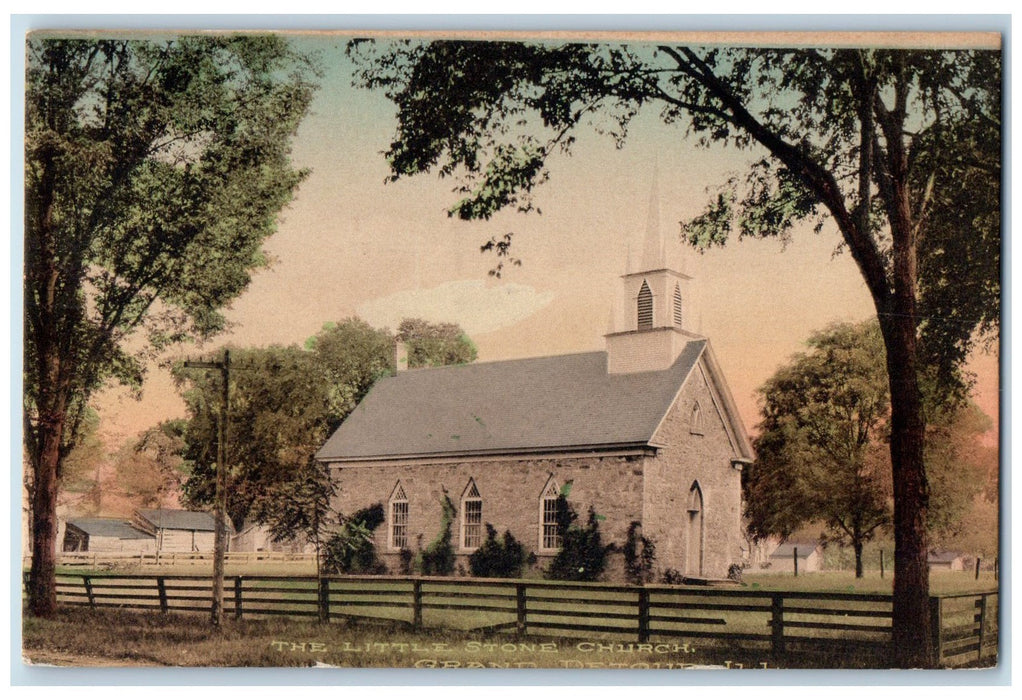 c1940s The Little Stone Church Grand Detour Illinois IL Unposted Trees Postcard