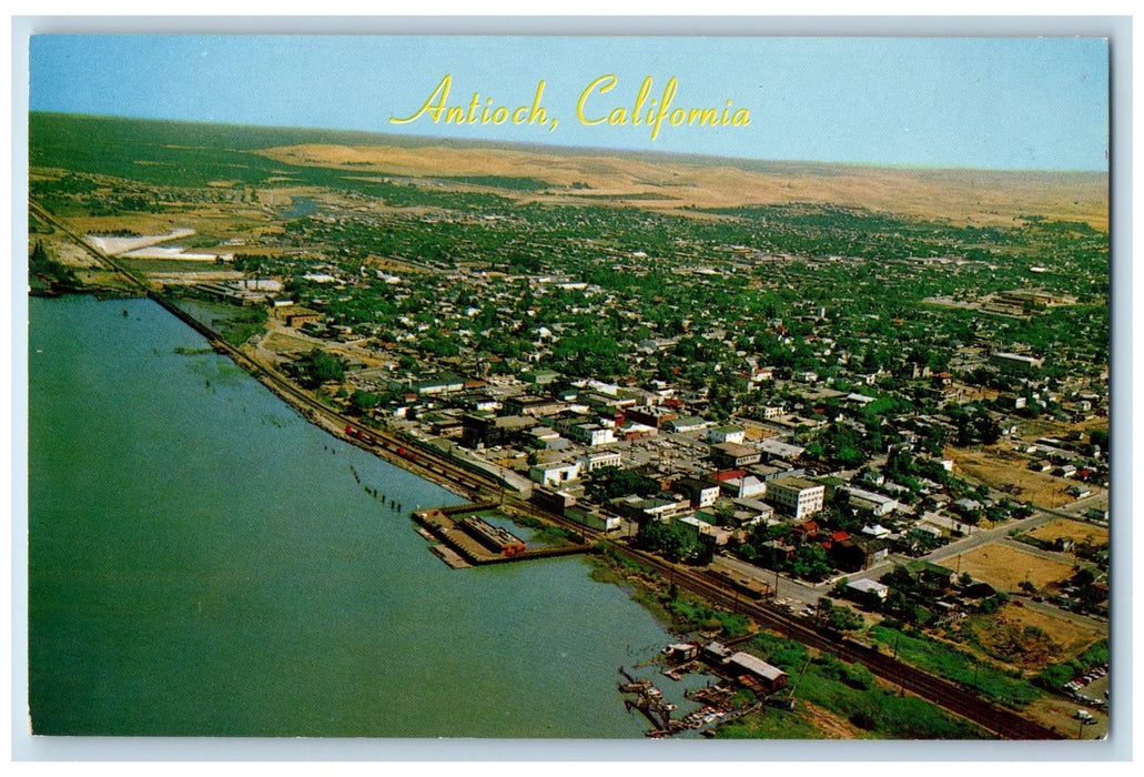 c1960s Helicopter View Of Prosperous Small City Factories Antioch CA Postcard