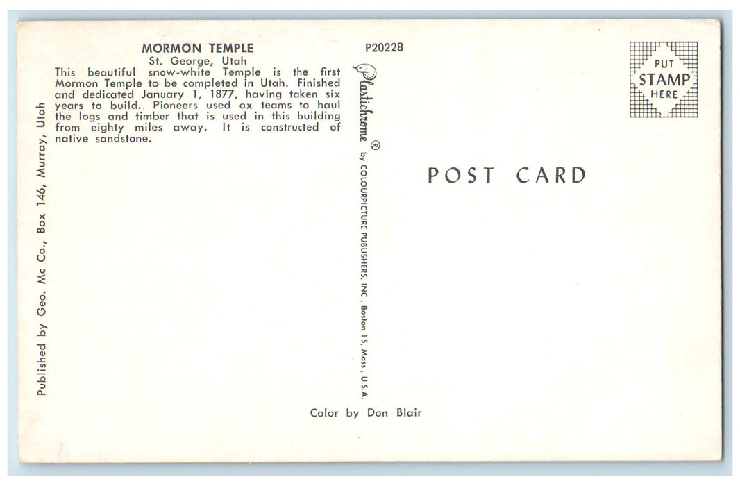 c1960s Mormon Temple Exterior Roadside St. George Utah UT Unposted Tree Postcard