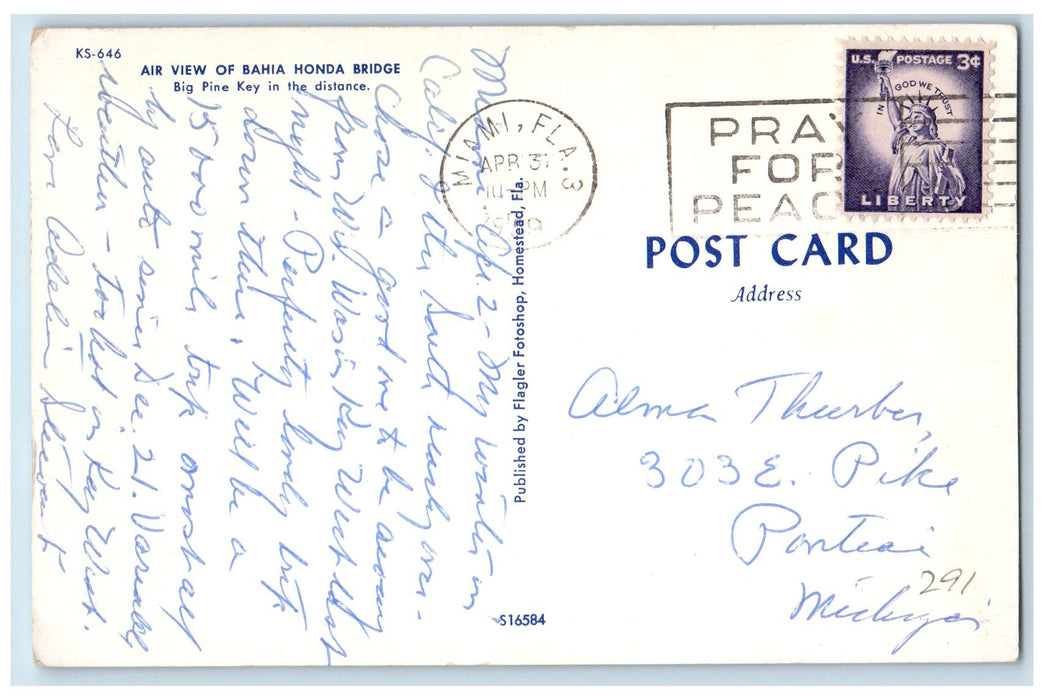 1959 Air View Bahia Honda Bridge Big Pine Key Miami Florida FL Posted Postcard