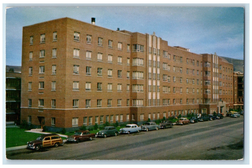 c1960s St. Patrick's Hospital Exterior Roadside Missoula Montana MT Car Postcard