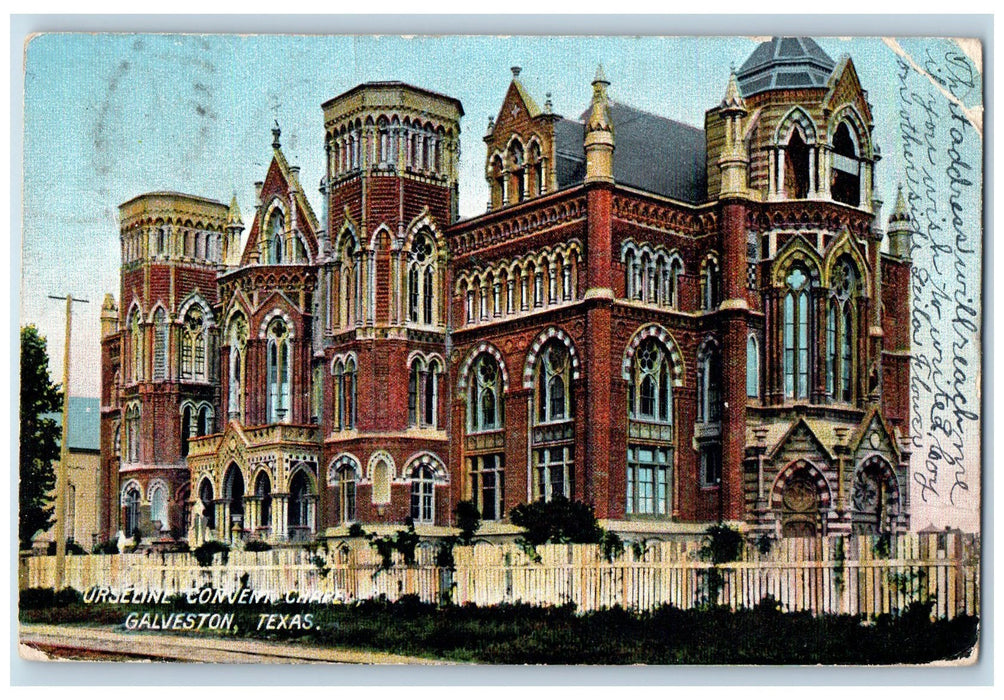 1907 Urseline Convent Chapel Exterior Roadside Galveston Texas TE Trees Postcard