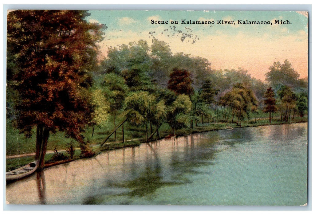1912 Scene On Kalamazoo River Boats Scene Kalamazoo Michigan MI Posted Postcard