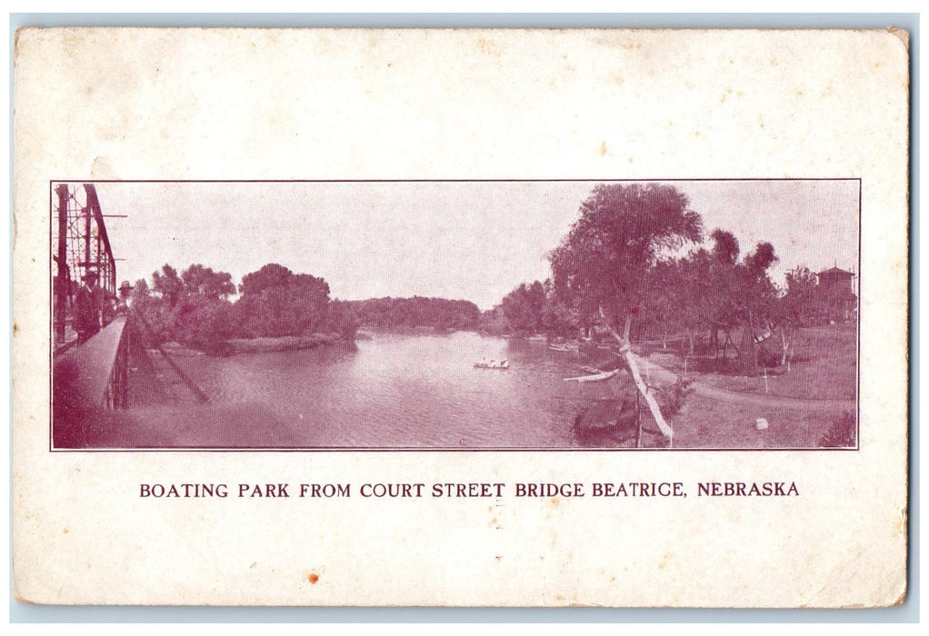 1909 Boating Park From Court Street Bridge Beatrice Nebraska NE Posted Postcard