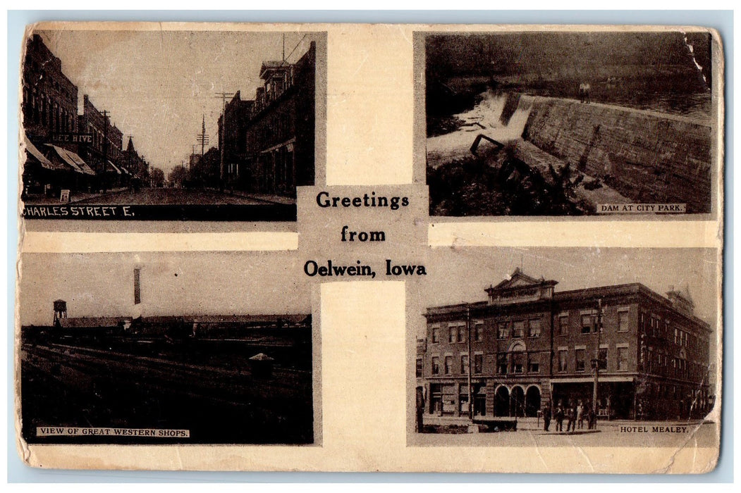 1911 Greetings From Oelwein Charles Street Iowa IA Posted Vintage Postcard