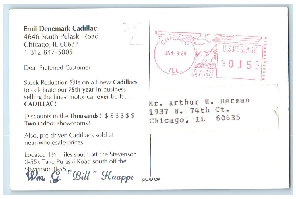 1989 Emil Denemark Cadillac 75th Anniversary Chicago Illinois IL Posted Postcard