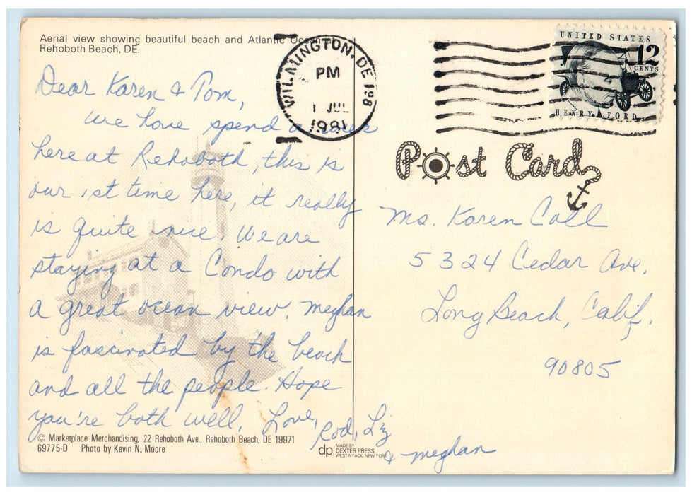 1958 Aerial View Atlantic Ocean Hello Over Rehoboth Beach Delaware DE Postcard
