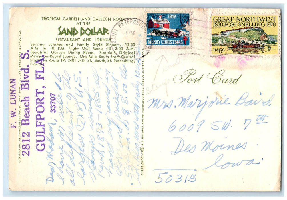 1970 Tropical Garden And Galleon Room Restaurant St. Petersburg FL Postcard