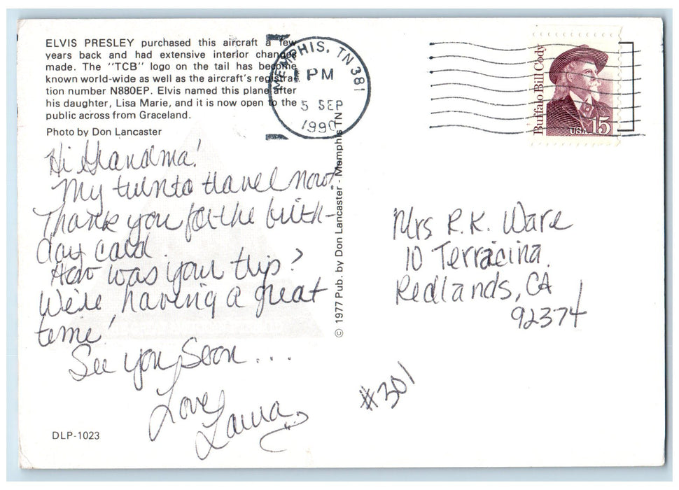 1990 Elvis' Lisa Marie Aircraft Memphis Tennessee TE Posted Vintage Postcard