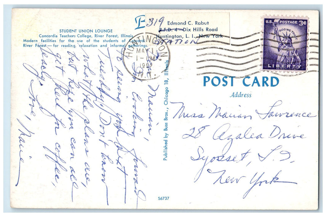 1952 Student Union Lounge Concordia Teacher's College River Forest IL Postcard