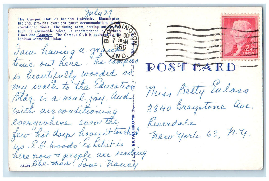 1956 The Campus Club At Indiana University Bloomington Indiana IN Trees Postcard
