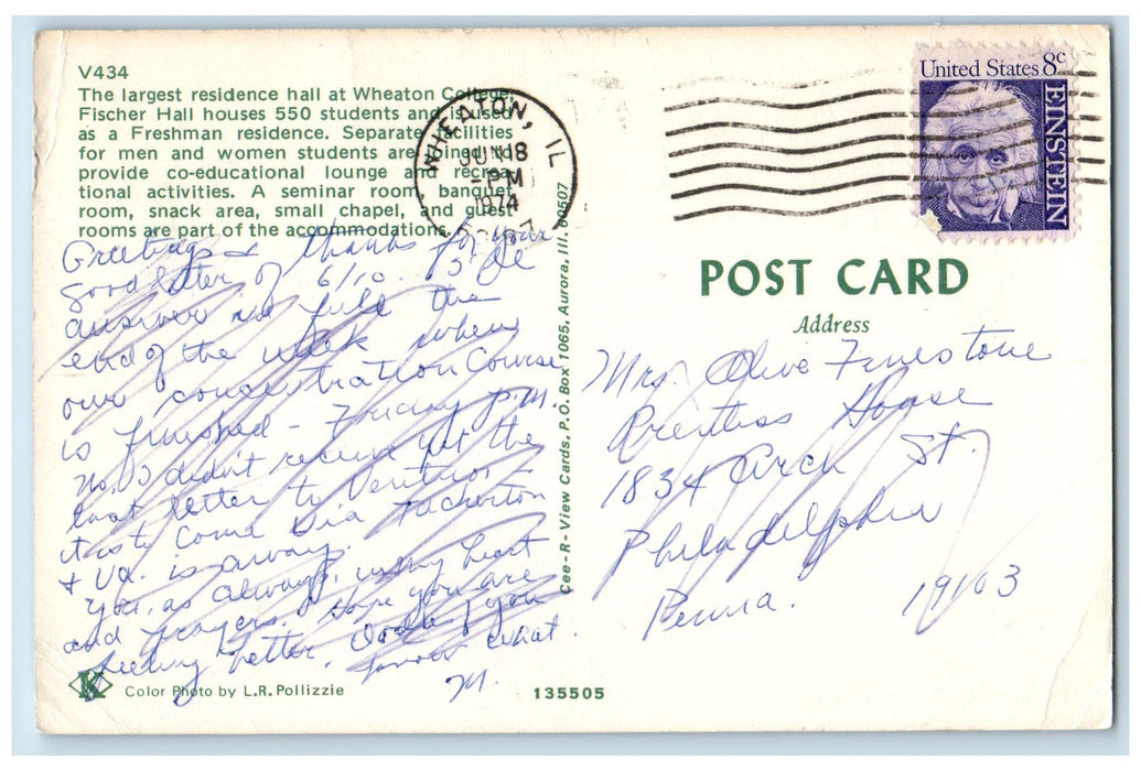 1974 The Largest Residence Hall At Wheaton College Wheaton IL Posted Postcard
