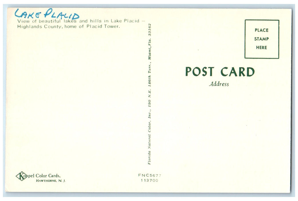 c1960s Lake Placid View And Hills Highlands County Florida AZ Unposted Postcard