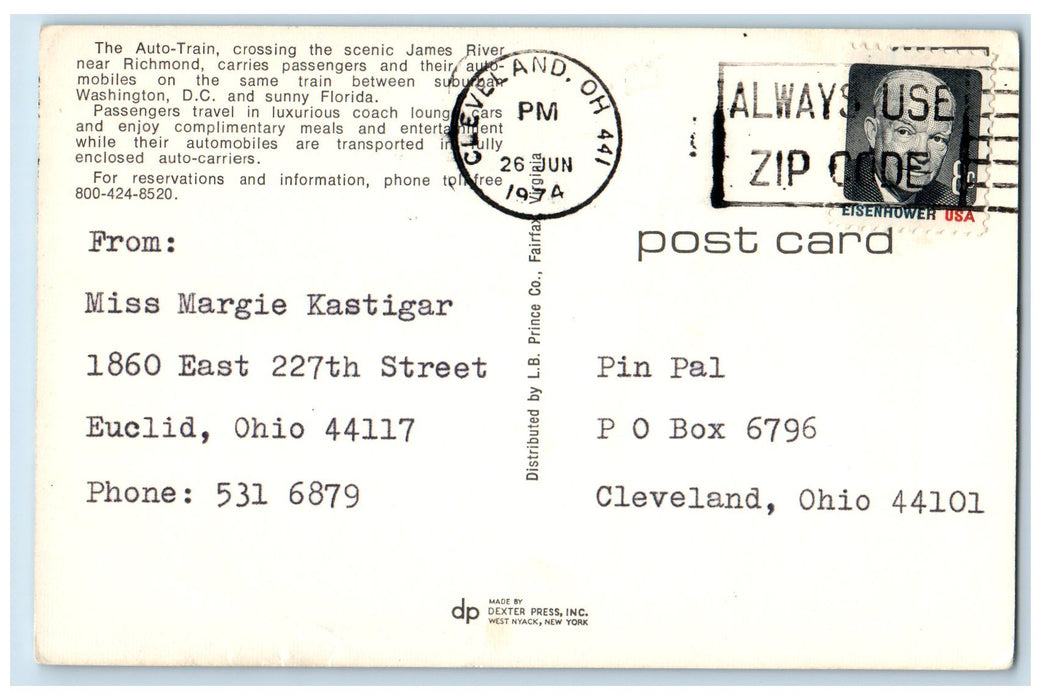 1974 The Auto-Train Crossing The Scenic James River Scene Washington DC Postcard