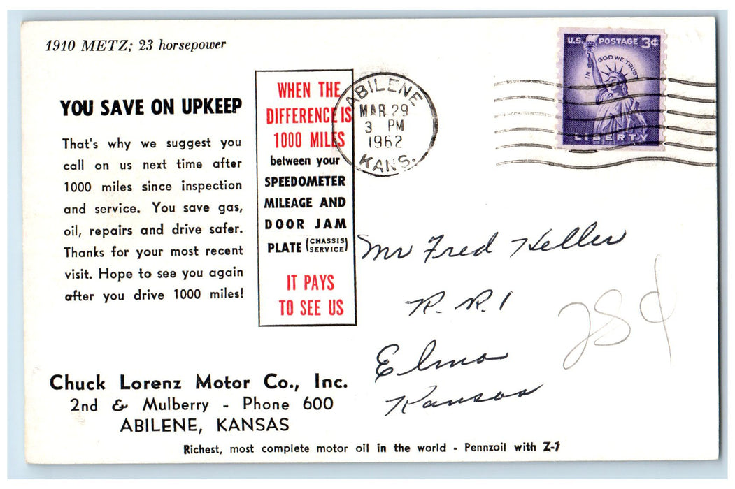 1962 Chuck Lorenz Motor Co. Inc. Abilene Kansas KS Posted 1910 Metz Postcard