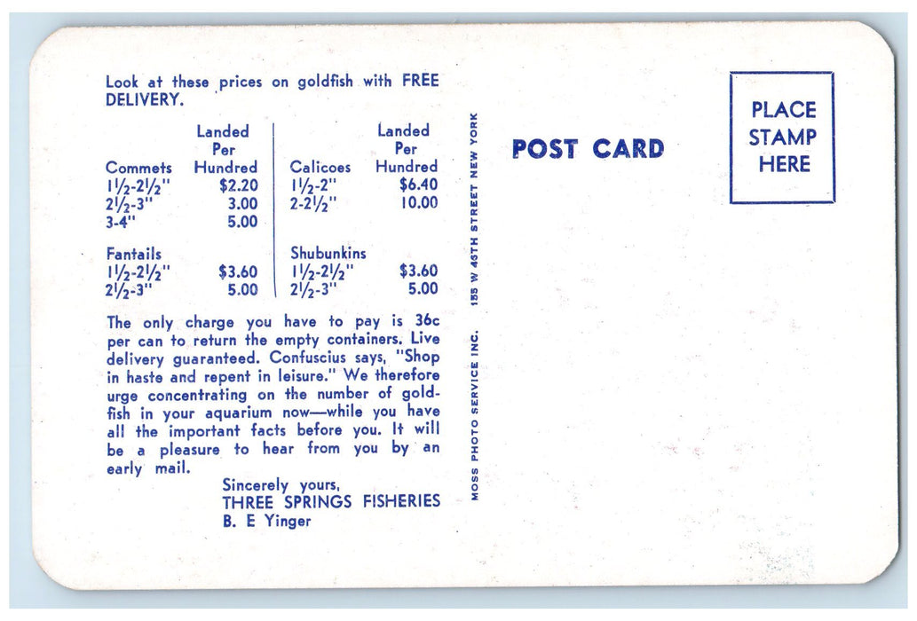 c1960s Three Springs Fisheries Woman Lilypons Maryland MD Goldfish Ad Postcard