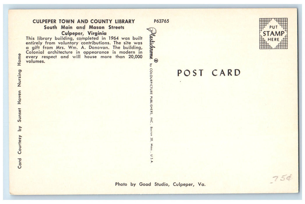 c1960s Culpeper Town And County Library Exterior Culpeper Virginia VA Postcard