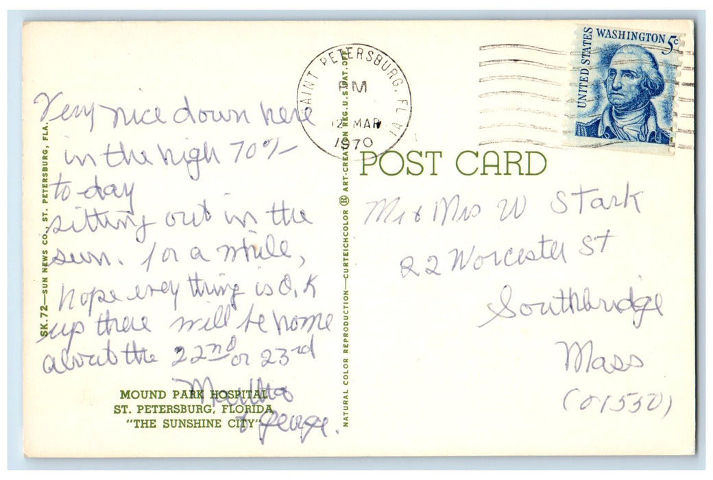 1970 Mound Park Hospital Exterior Roadside St. Petersburg Florida FL Postcard