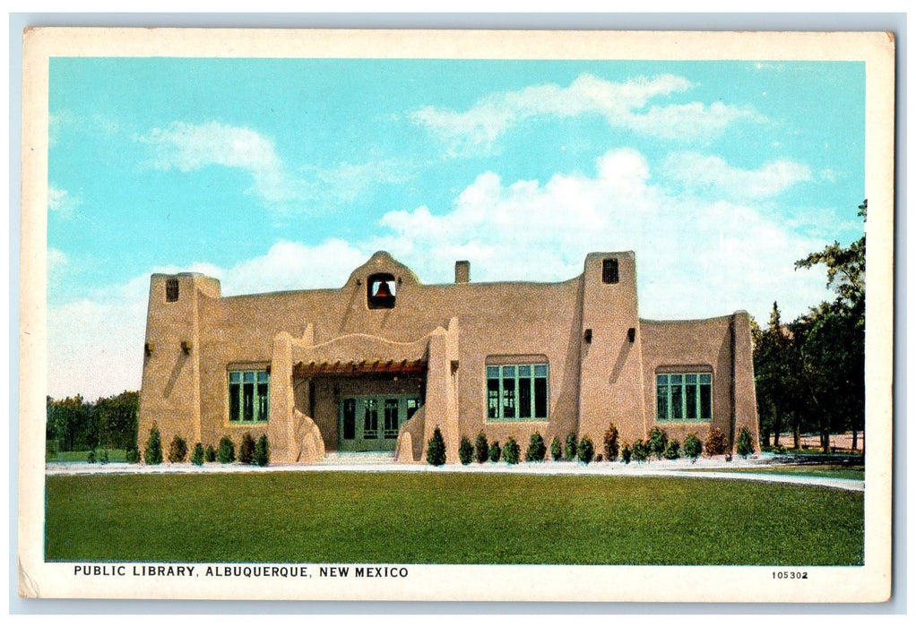 c1940s Public Library Exterior Sky Scene Albuquerque New Mexico NM Tree Postcard