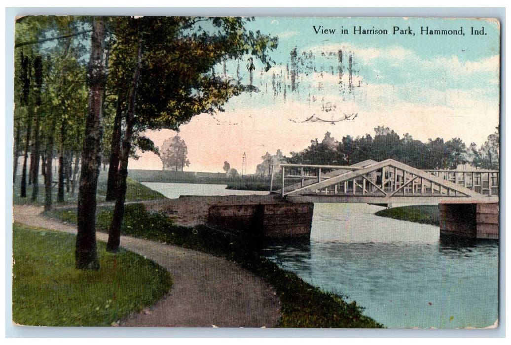 1910 View In Harrison Park Bridge Scene Hammond Indiana IN Posted Trees Postcard