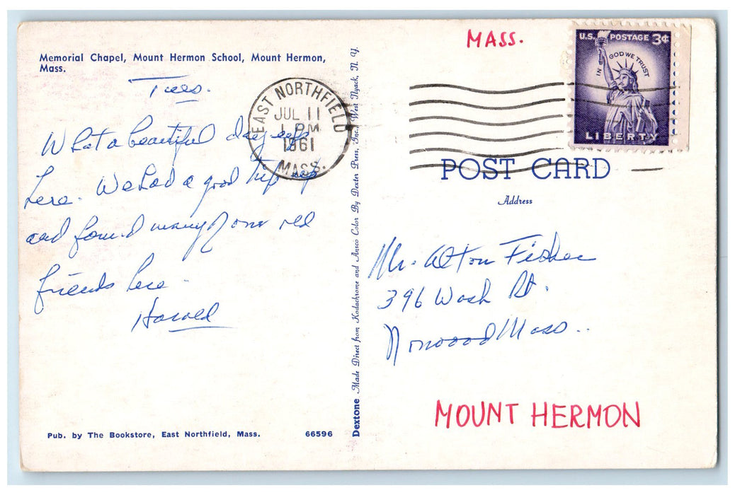 1961 Memorial Chapel Mount Hermon School Mount Hermon Massachusetts MA Postcard