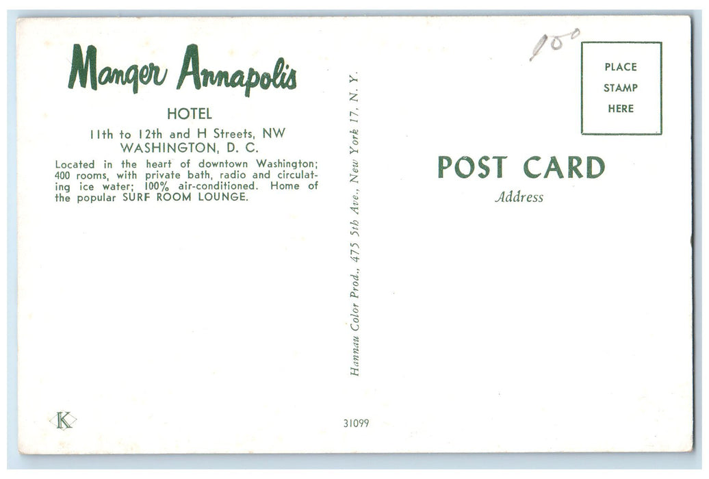 c1960s Manger Annapolis Hotel Exterior Roadside Washington DC Unposted Postcard