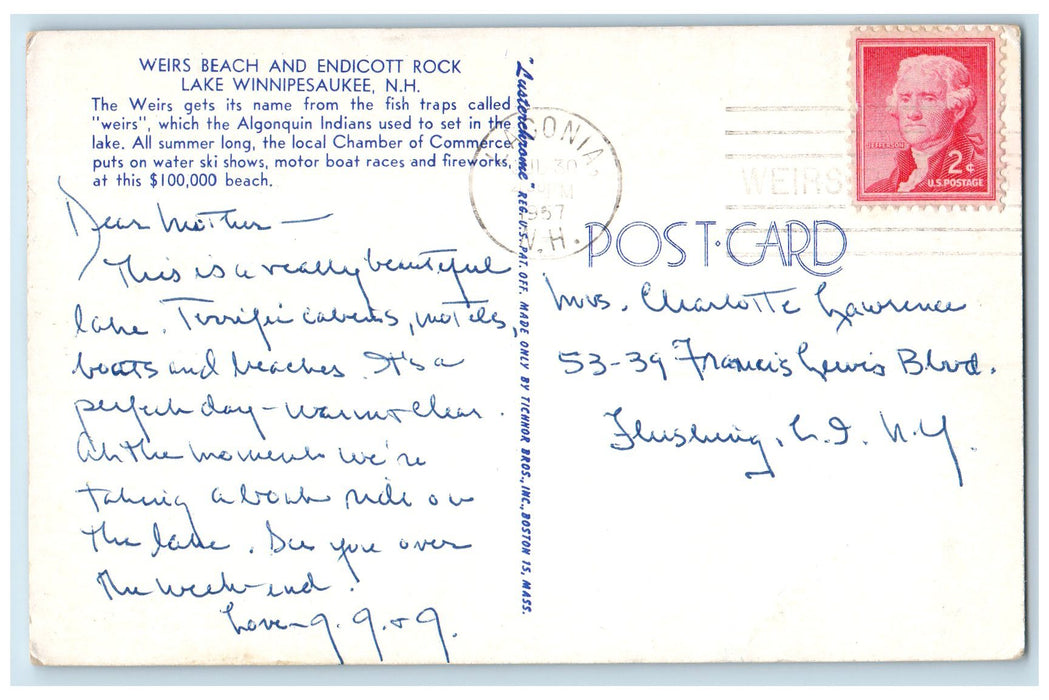 1957 Weirs Beach And Endicott Rock Lake Winnipesaukee New Hampshire NH Postcard